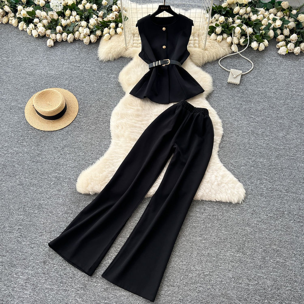 Accessible luxury british classy sense royal sister suit women's summer belt sleeveless tops + elastic waist drapedilm long pants