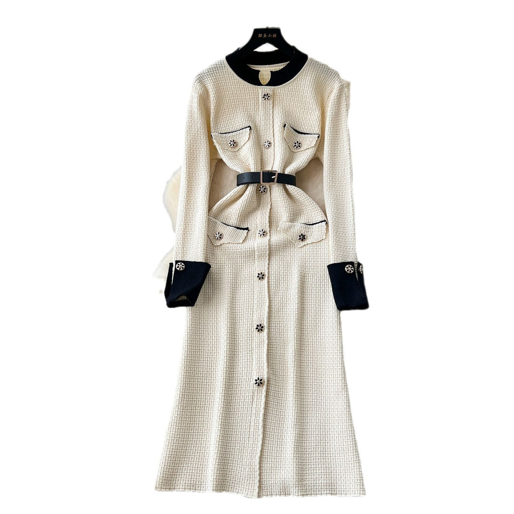 Fall and winter tweed stylelong sleeveselegantdress socialiteelegance metal button decoration waist slit knitting long skirt