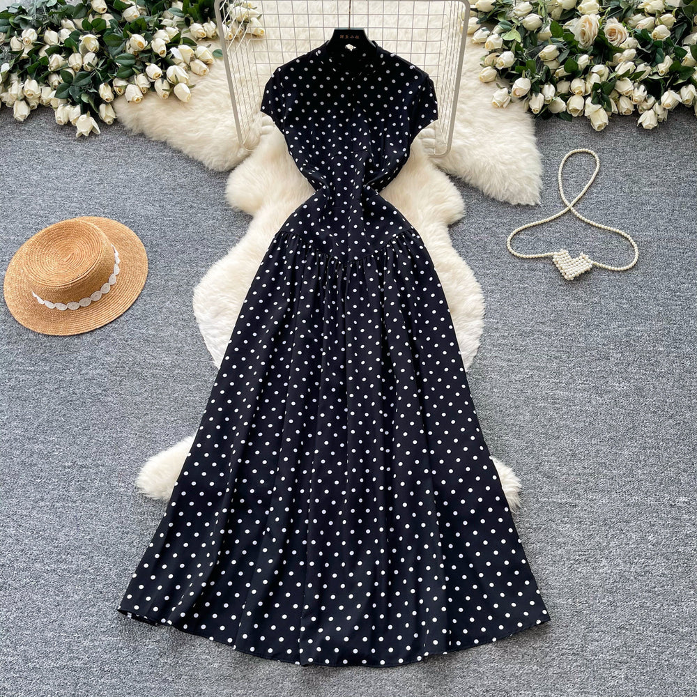 Vintage red short-sleeve polka dot dress - a versatile summer staple: high-waisted a-line, work-ready, slimming maxi dress