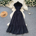 Vintage red short-sleeve polka dot dress - a versatile summer staple: high-waisted a-line, work-ready, slimming maxi dress
