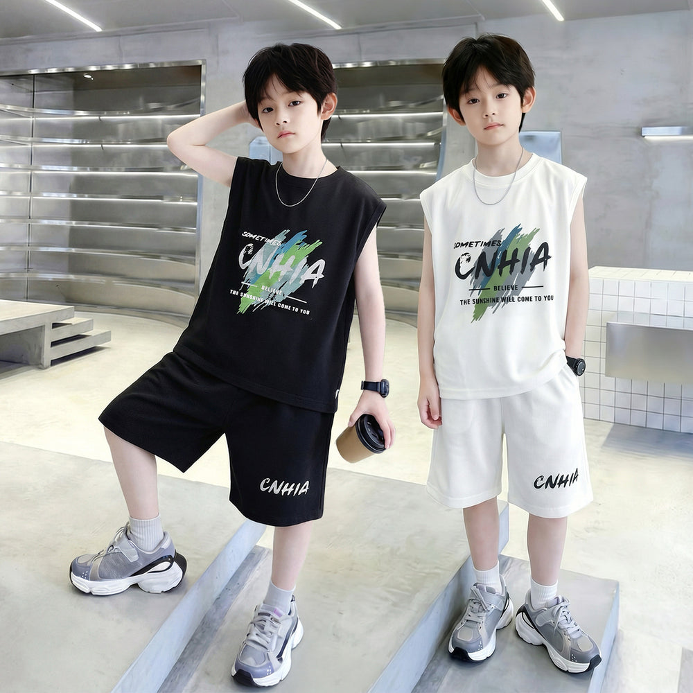 Boys' summer loose-fit two-piece set: sleeveless, trendy, minimalist print short t-shirt and shorts - new  collection