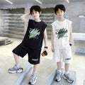 Boys' summer loose-fit two-piece set: sleeveless, trendy, minimalist print short t-shirt and shorts - new  collection