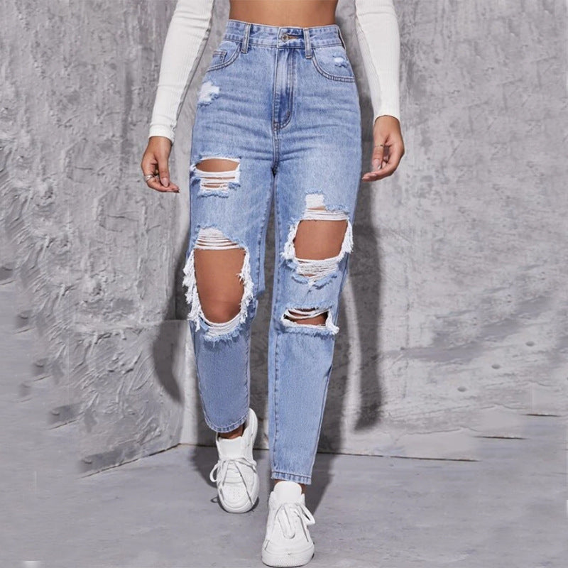 Personalizedjeans women's hot-selling exportfashion worn-out straight-leg pants fashioncasual ripped washed jeans