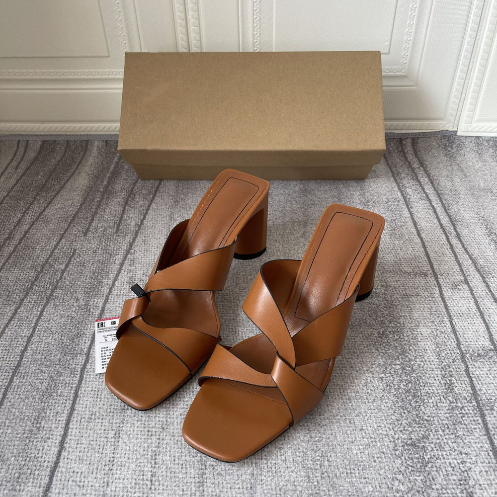 Z's 2023 spring new women's shoes: brown chunky heel minimalist open-toe high heel mules for outdoor wear