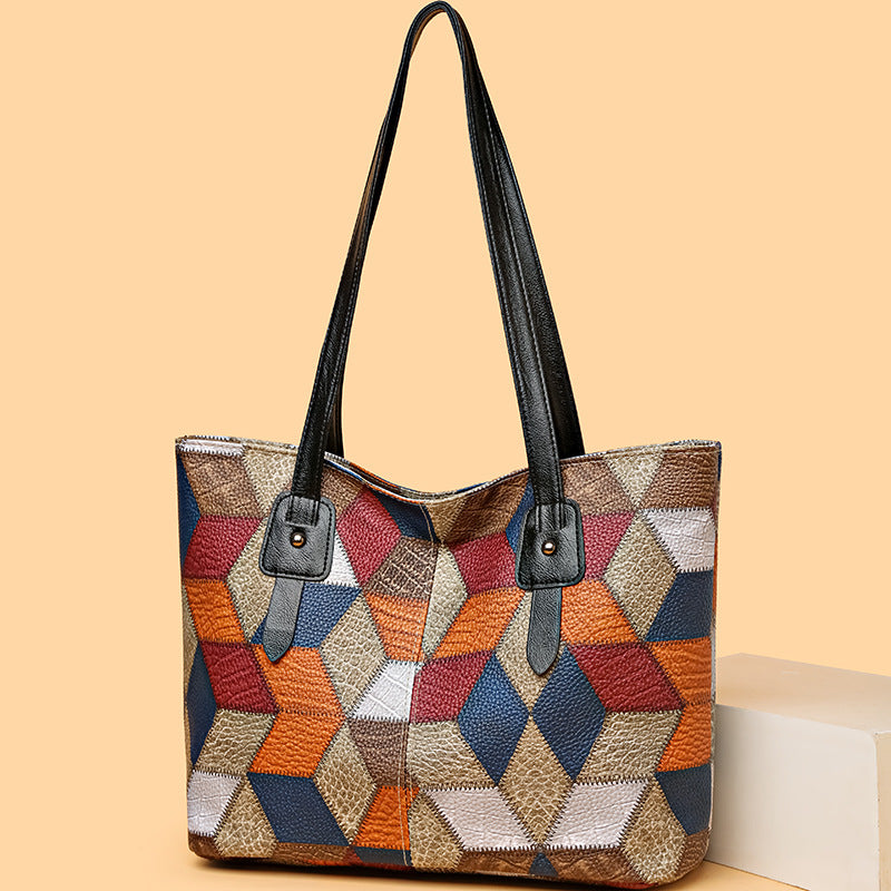 New fashionable textured patchwork shoulder bag, large capacity tote bag, versatile handbag, mom bag, commuter bag, women's bag