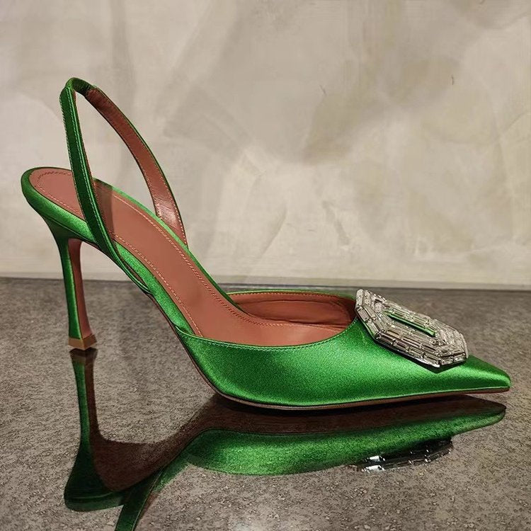 2026 early spring new pointed-toe rhinestone square buckle sexy high heel sandals, silk satin cutout back strap women's sandals