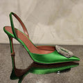 2026 early spring new pointed-toe rhinestone square buckle sexy high heel sandals, silk satin cutout back strap women's sandals