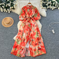 French retro court style niche fashion printed dress - women's tie-waist single-breasted lantern sleeve maxi dress