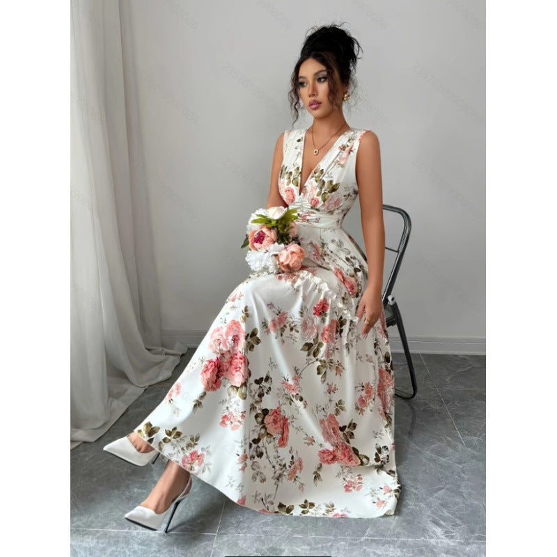 Women's new summer french chic floral print v-neck sleeveless maxi dress - perfect for dates