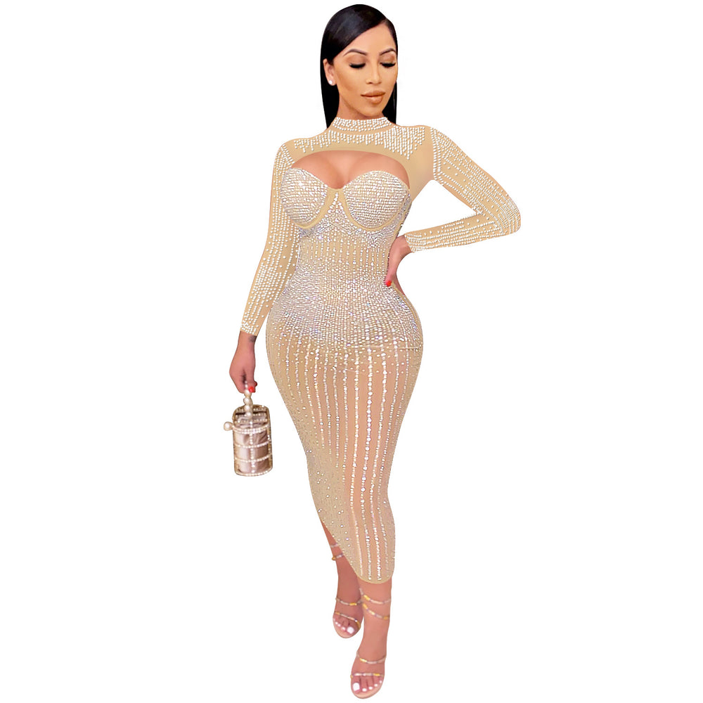 C5842 cross-border new arrival: european and american fashion women's party nightclub mesh see-through rhinestone embellished strappy dress