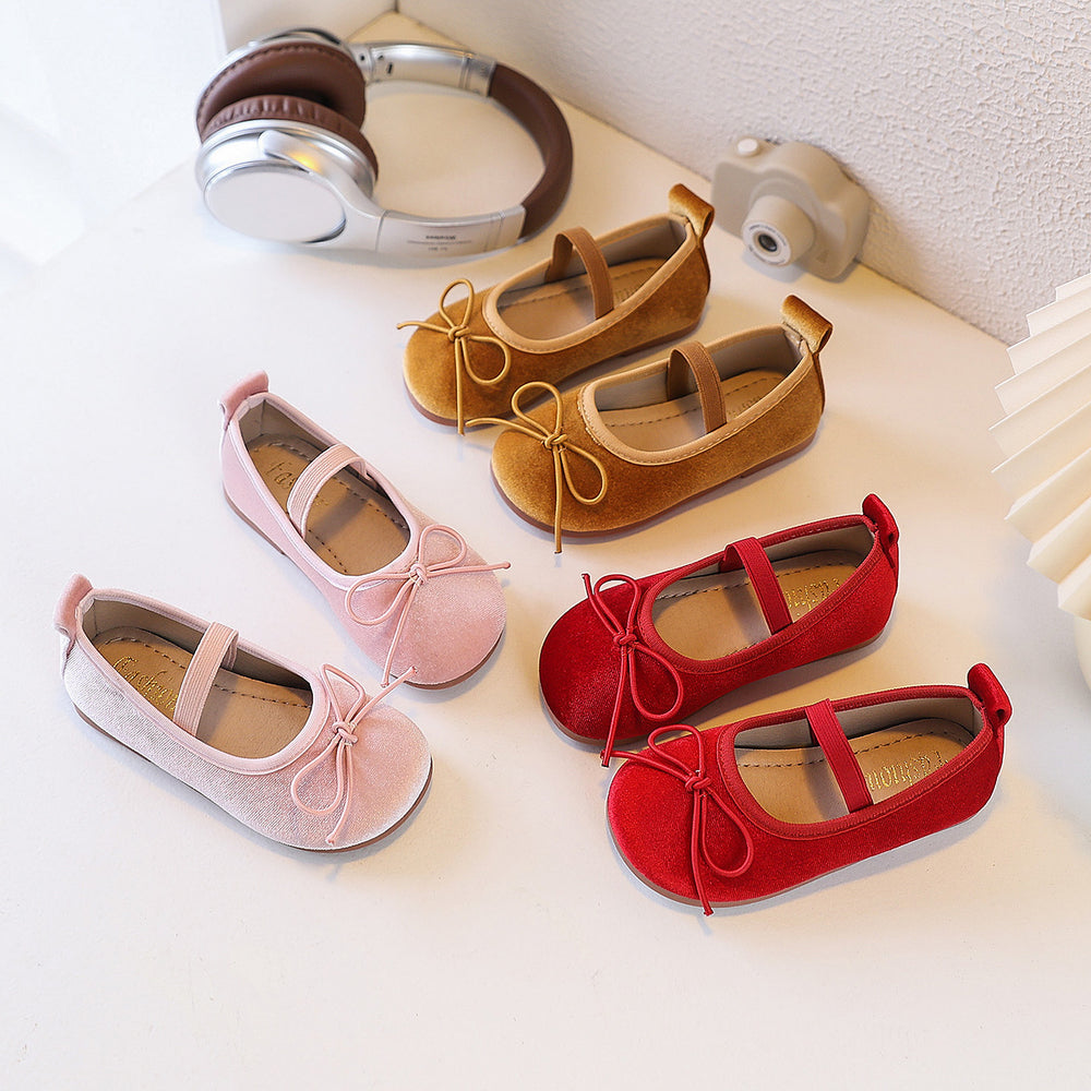 Ready-to-ship korean-style bow-tie princess leather shoes for kids, bean shoes, simple and stylish soft-soled flats for babies