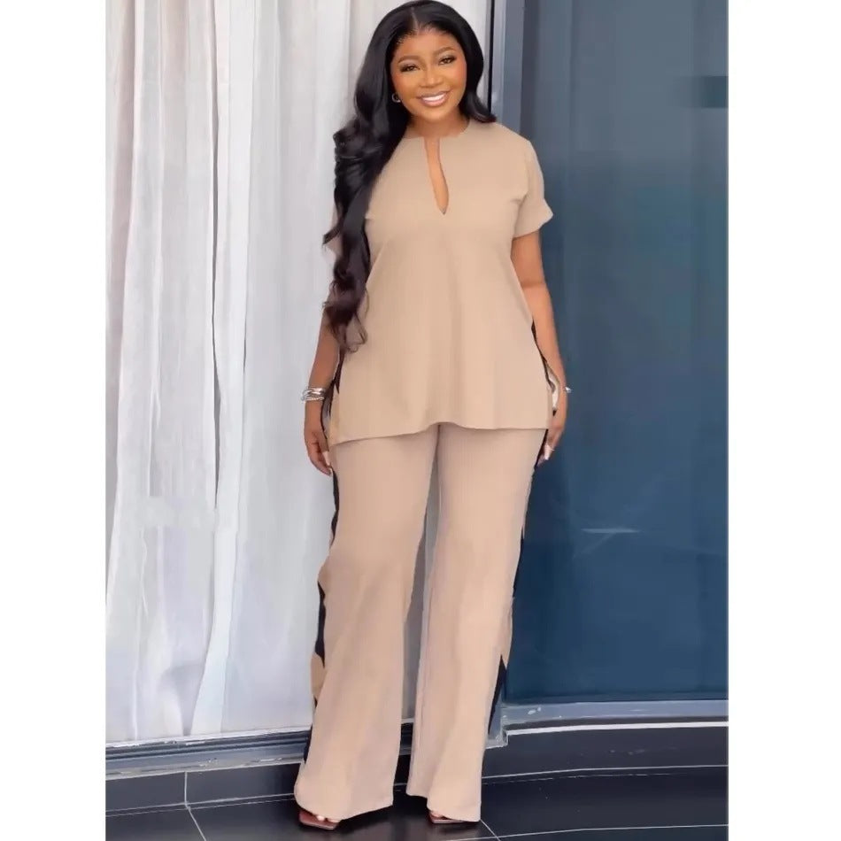 European and american cross-border women's fashion  winter new arrival: short-sleeve v-neck side-slit top and high-waisted wide-leg pants two-piece set