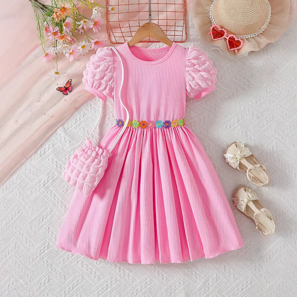 girls' dress - pink bubble sleeve, vertical stripe, floral waist design - stylish summer princess dress for girls