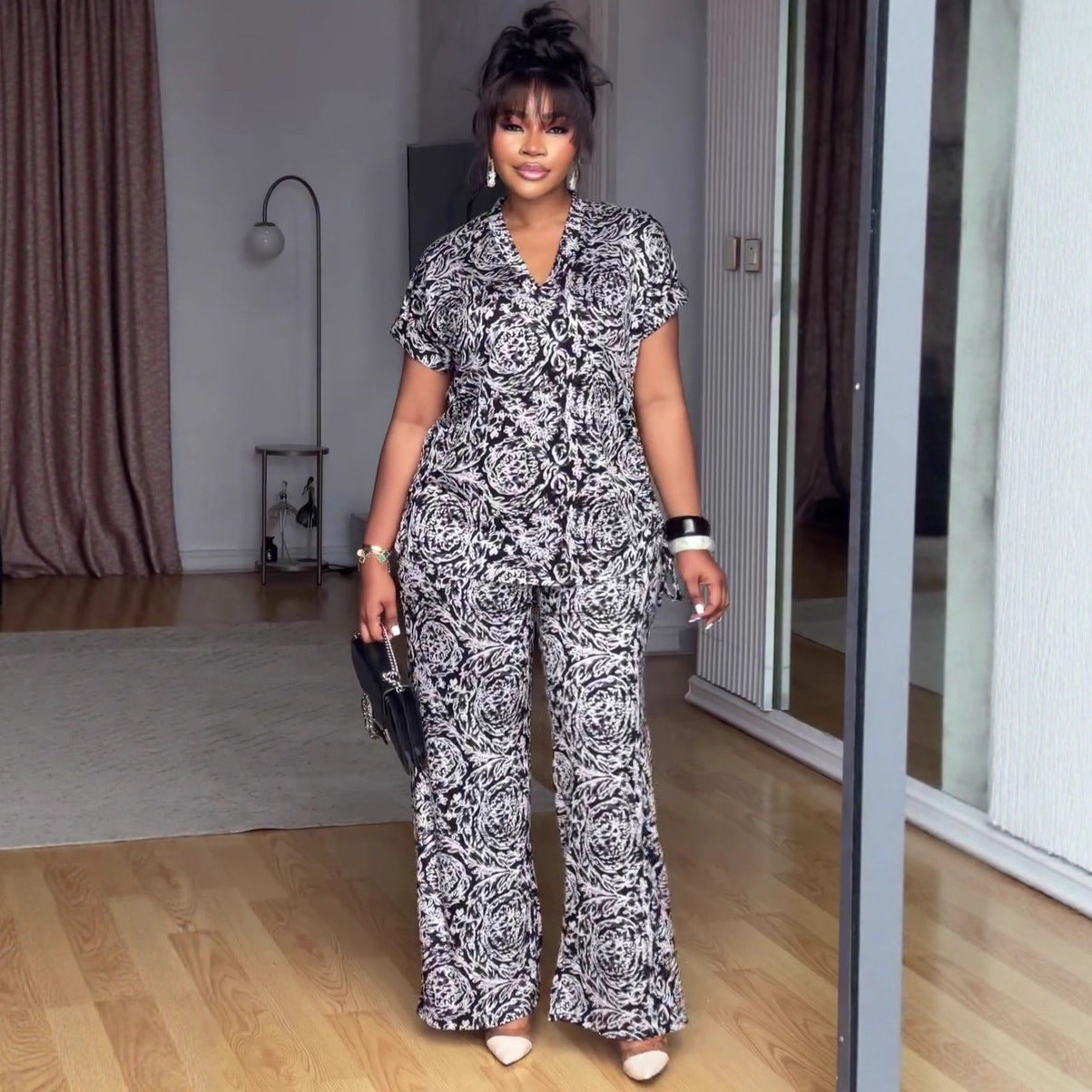 European and American large-size women's clothing cardigan printed shirt trousers set women's African casual fashion new foreign style two-piece set