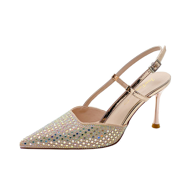 Elegant socialite pointed toe full diamond dress high heel toe sandals 2024 summer new arrival champagne color one strap back hollow thin