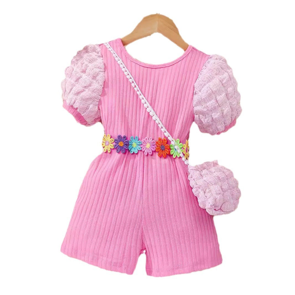 Kids' bubble sleeve ribbed romper with criss-cross back and matching bag