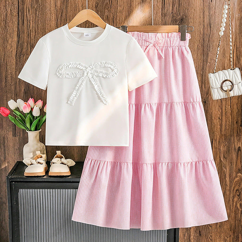 girls' summer new collection: 3d bow short-sleeve top & bohemian tiered skirt set