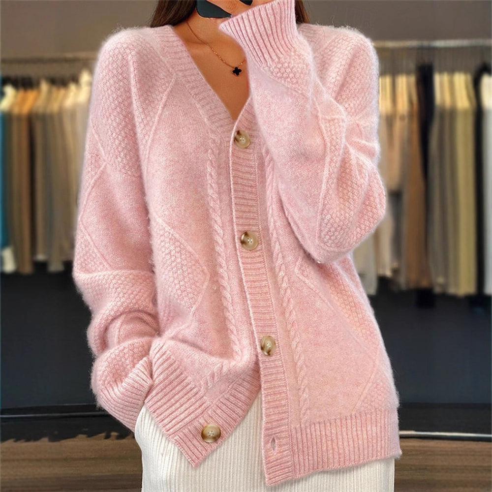 fall/winter new collection: solid color long-sleeve v-neck knit cardigan with button-down jacquard short-sleeve sweater top for women