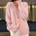 fall/winter new collection: solid color long-sleeve v-neck knit cardigan with button-down jacquard short-sleeve sweater top for women