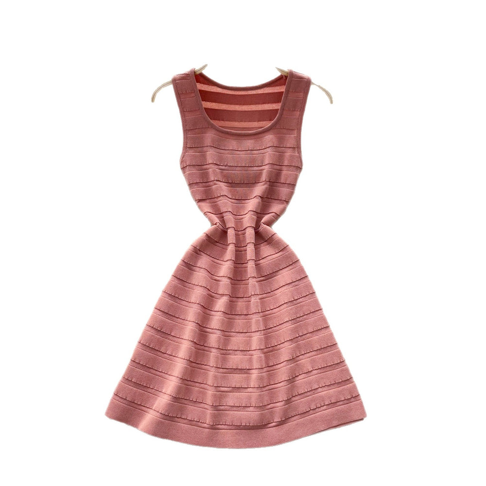 Korean style sleeveless a-line midi dress - versatile, round neck, high waist, slimming, pink, elegant, summer workwear