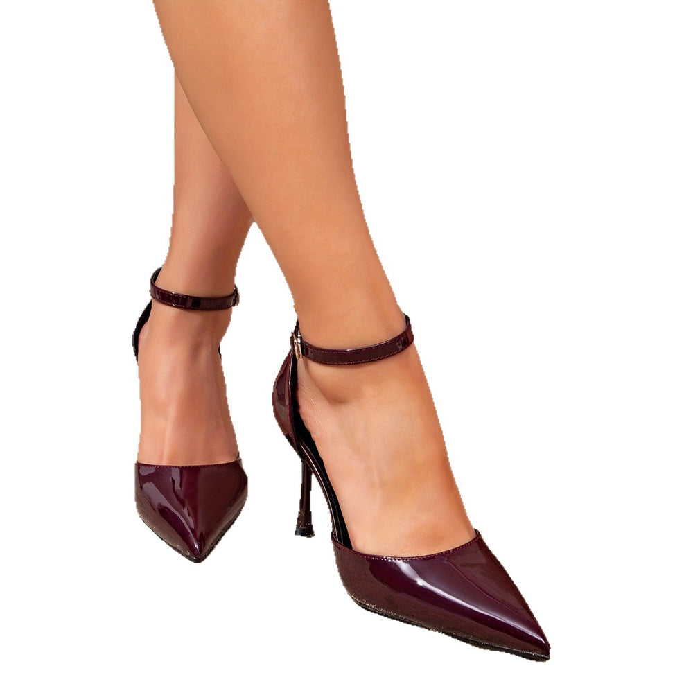 Women's high heel sandals - burgundy fashion heels, stiletto buckle, pointed toe, minimalist retro style
