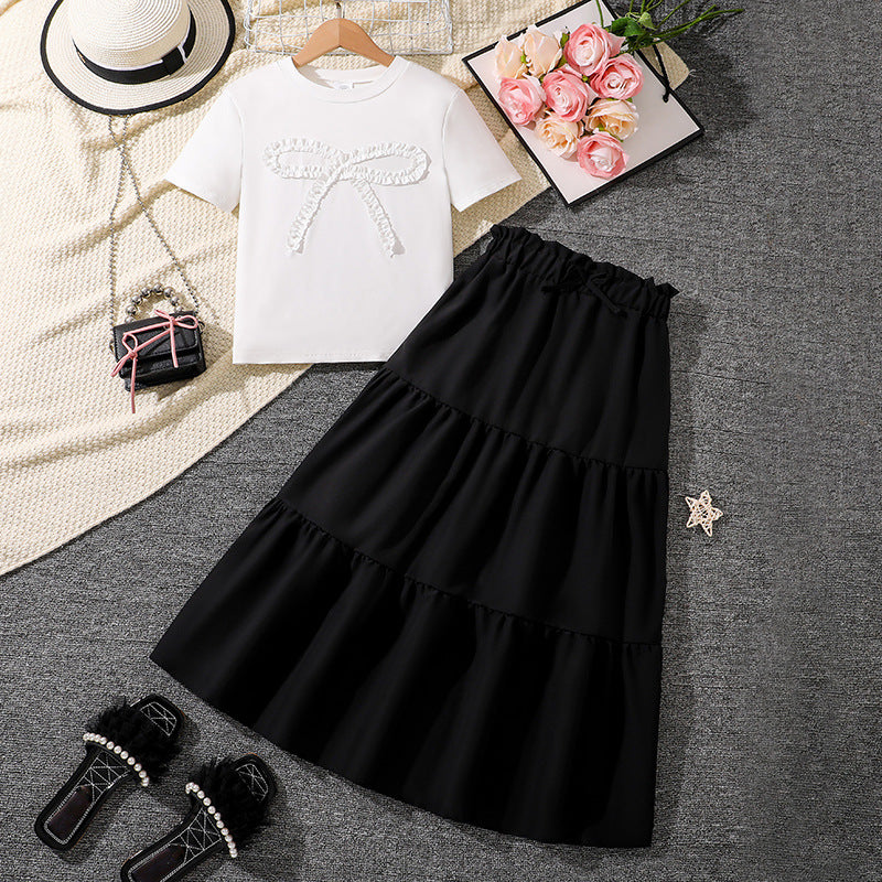 girls' summer new collection: 3d bow short-sleeve top & bohemian tiered skirt set