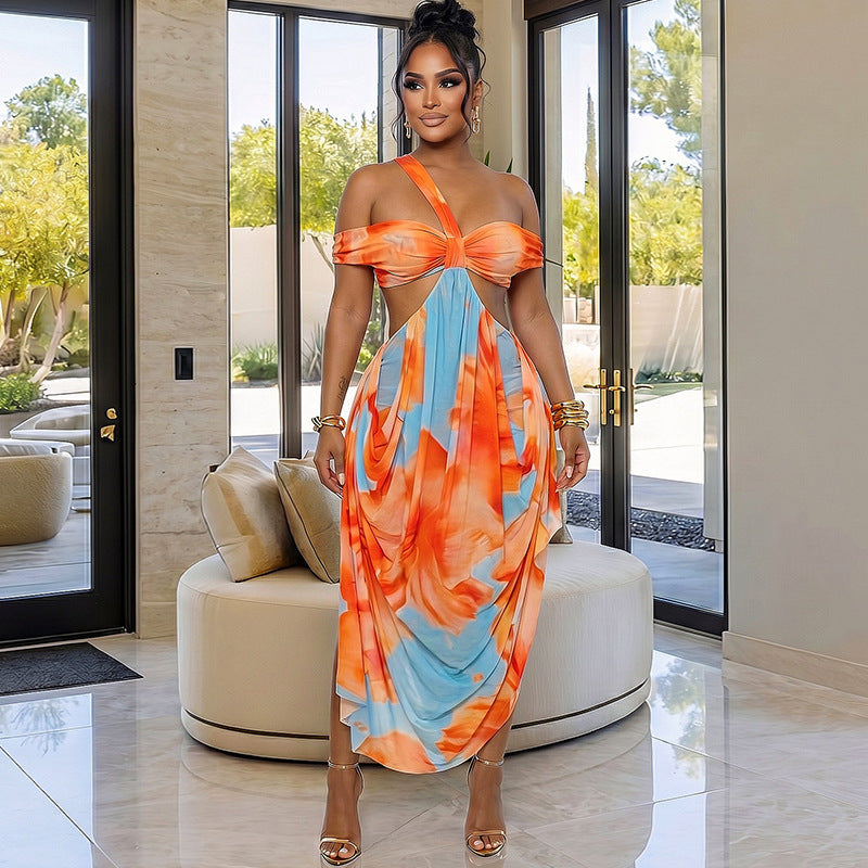 Fashion styleexportsummerprinting women's cool color matching chest wrap hip skirt home oblique collar backless long dress