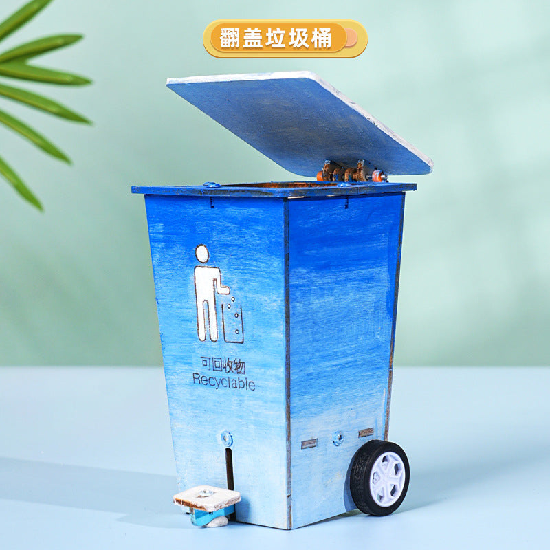 Science and technology small production flip trash can, primary and secondary school students science experiment puzzle creative invention handmade DIY material