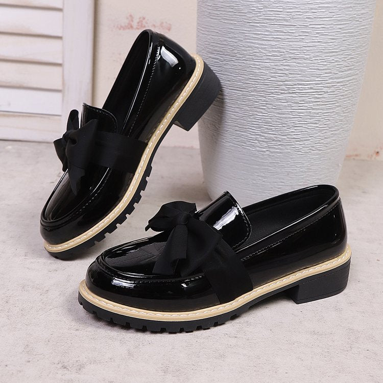 bow loafers for women  foreign trade thick sole medium heel british style retro small leather shoes for women size difference 0.5