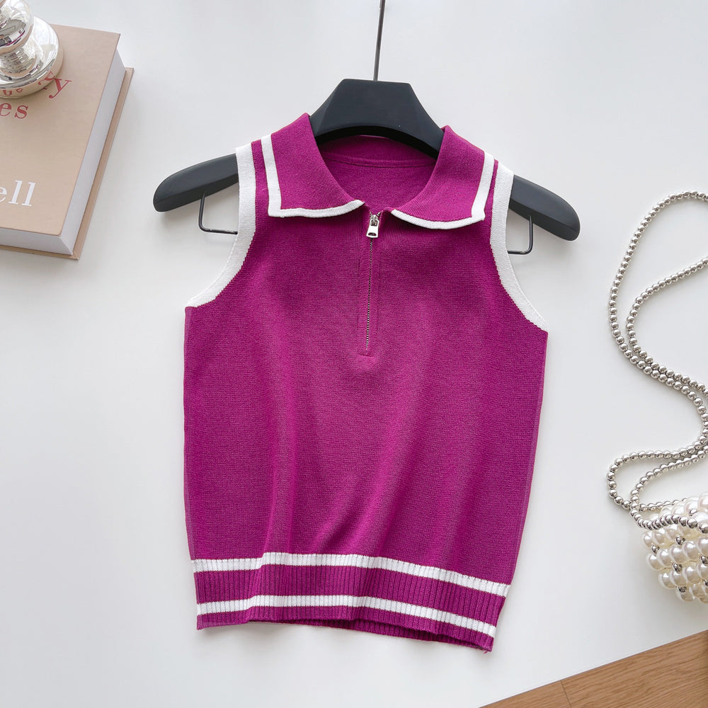 Korean ins summer new arrivalfashioncontrast color lapel knitting shirt vest women's silmslimming lookeasiest for match sleeveless tops