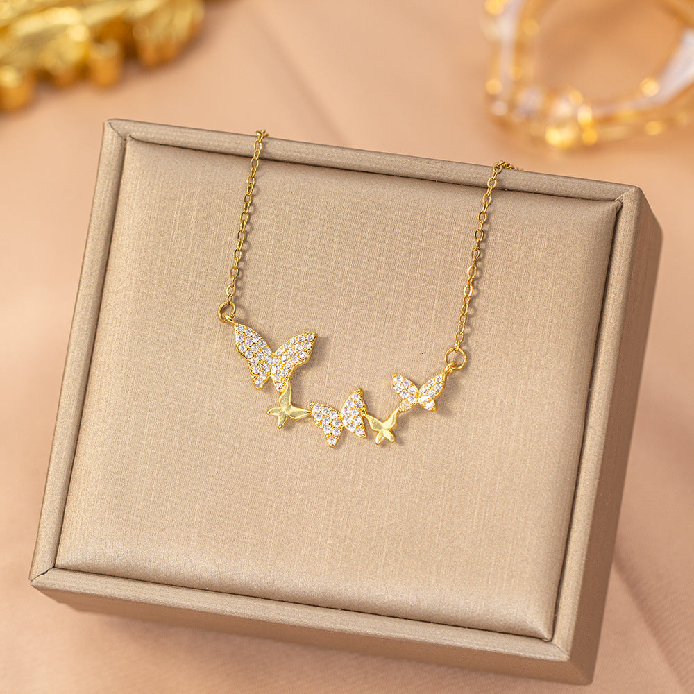 Popular stylish copper inlaid zirconium full diamond butterfly necklace for women eleganteasiest for matchfashion non-fading clavicle chain jewelry