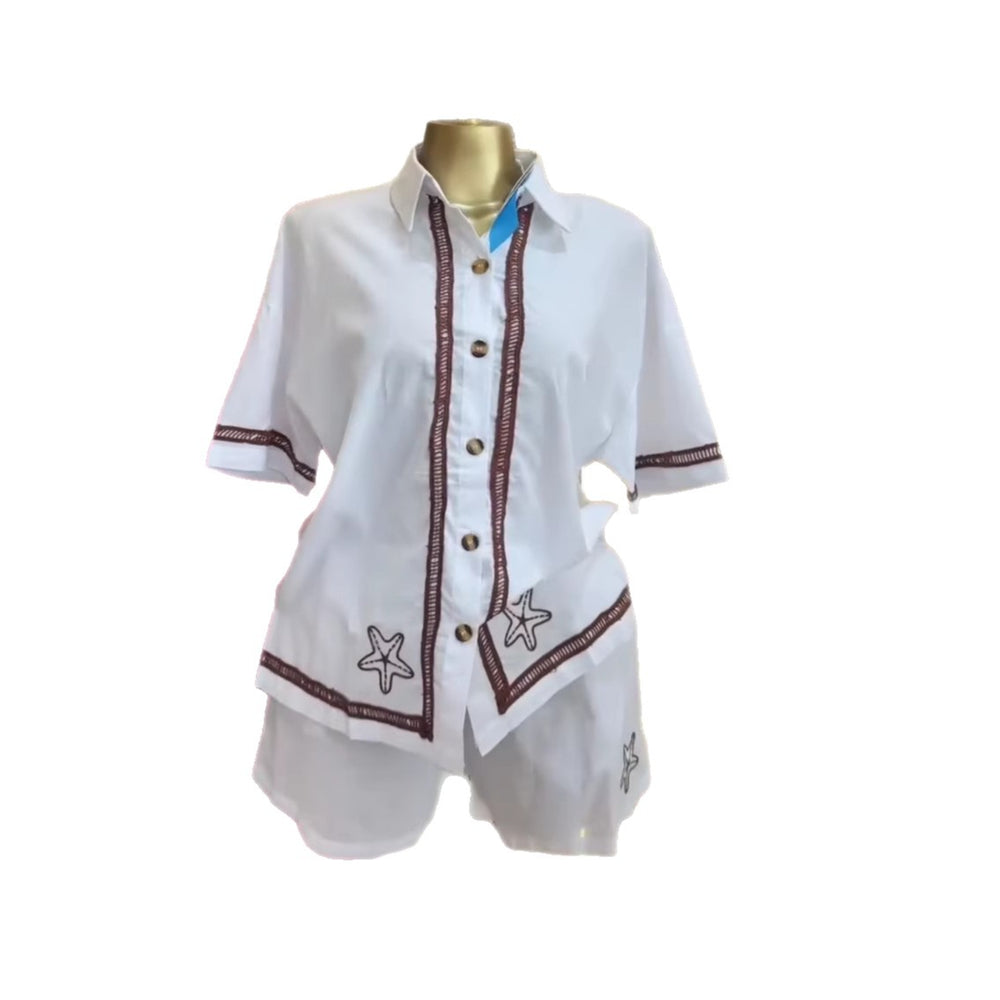 European and american cross-border women's fashion:  summer new collection - chic and elegant loose-fit turn-down collar short-sleeve shirt and wide-leg shorts set