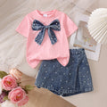 Baby clothing kids set children outfit pink tops+denim skirt