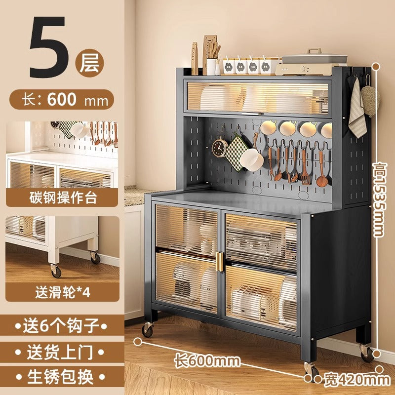 Kitchen multi-tier sideboard floor cabinet multifunctional storage rack microwave oven oven steel storage cabinet household storage cabinet