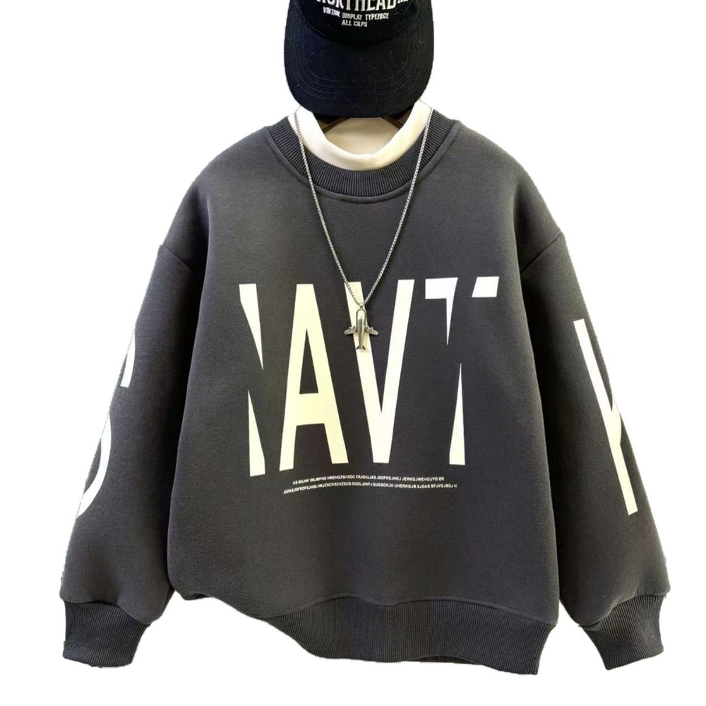 winter new arrival: mid-to-large size children's fleece-lined, extra-thick letter print trendy sweatshirt - boys' warm and cold-proof pullover