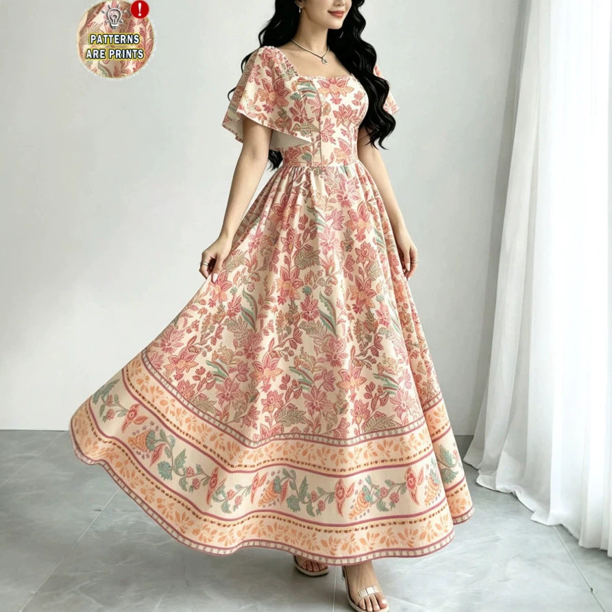 european and american new retro border floral square neck flutter sleeve maxi dress - cinched waist, flared hem, printed dress