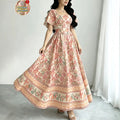european and american new retro border floral square neck flutter sleeve maxi dress - cinched waist, flared hem, printed dress