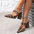 Women's leopard print high heel sandals with square buckle detail - minimalist pointed toe chunky heel mules