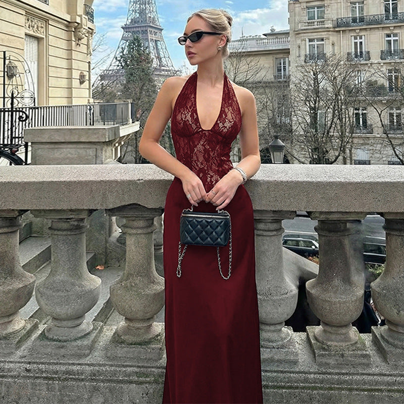 European and american women's clothing  winter new fashion deep v lace patchwork hollow-out waist-defining backless halter dress