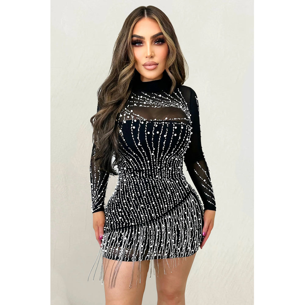 C6381 cross-border   fashion women's long-sleeve mesh rhinestone beaded mini dress