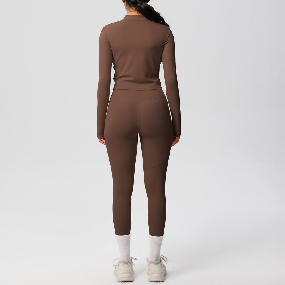 nude double-sided brushed tight long sleeves yoga suit outdoor running slimming look fitness pants sports suit women