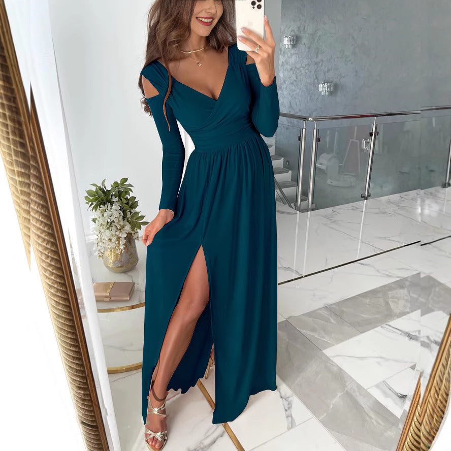 new arrivals for independent stores, , and : women's long-sleeved v-neck solid color dress with slit hem - autumn/winter collection
