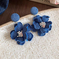 Hong kong style retro denim blue flower earrings niche style exaggerated sense of design earrings for women with square and round faces to show small faces earrings