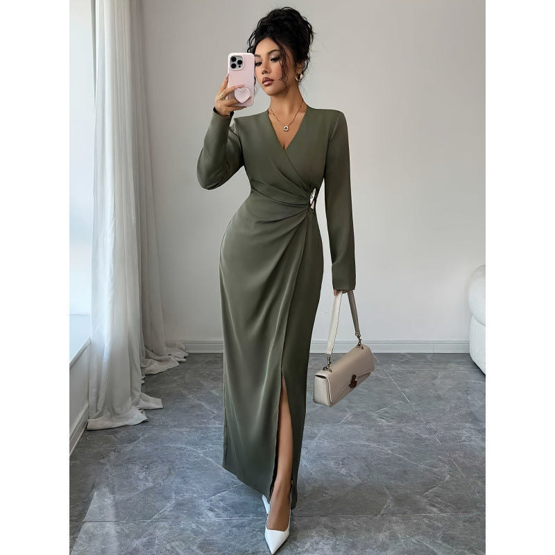 Women's autumn/winter solid color elegant v-neck ruched waist slit design long sleeve dress with metal buckle detail