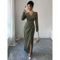 Women's autumn/winter solid color elegant v-neck ruched waist slit design long sleeve dress with metal buckle detail