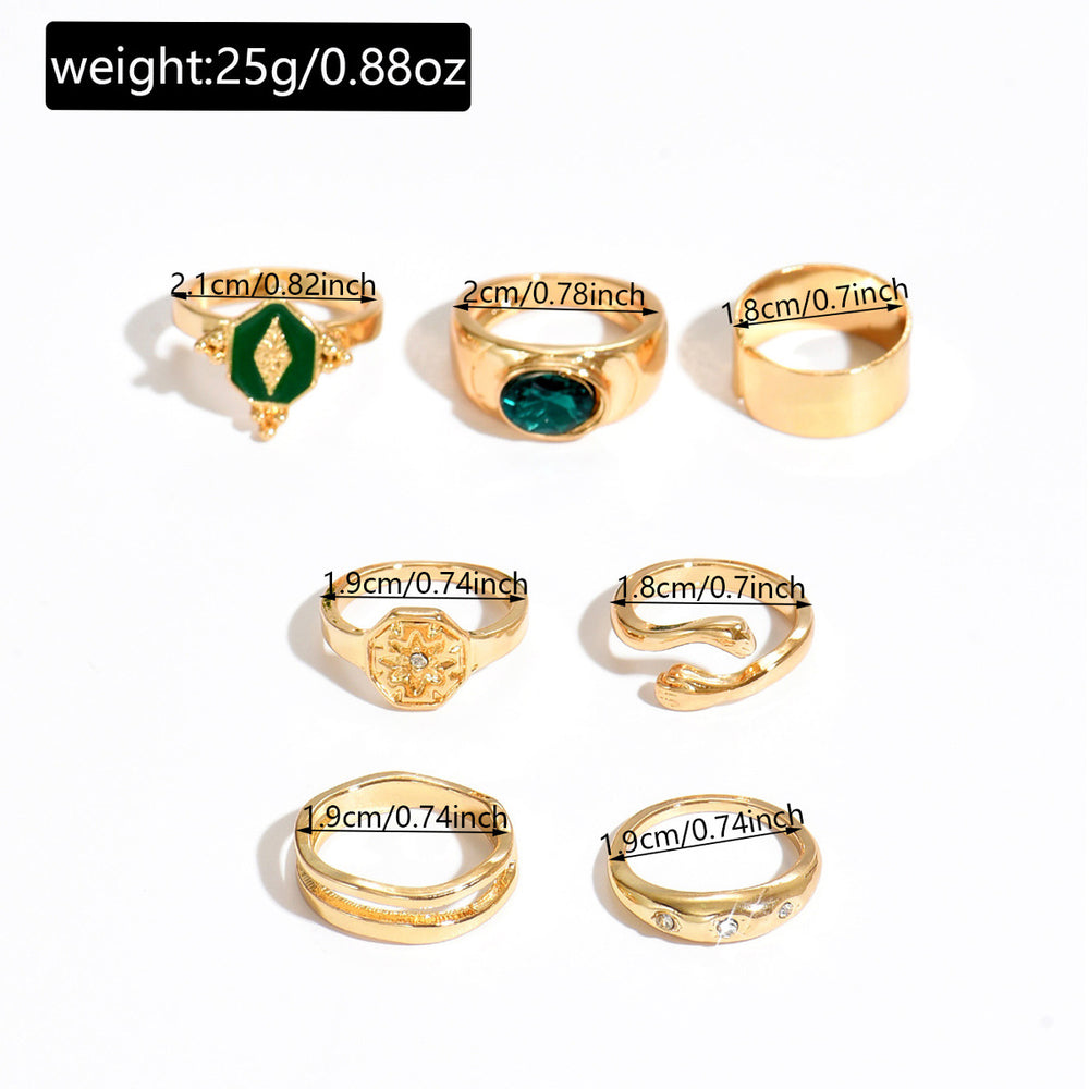 European and american cross-border retro green diamond ring set - trendy, instagrammable, light luxury, high-end rhombus and eight-pointed star rings