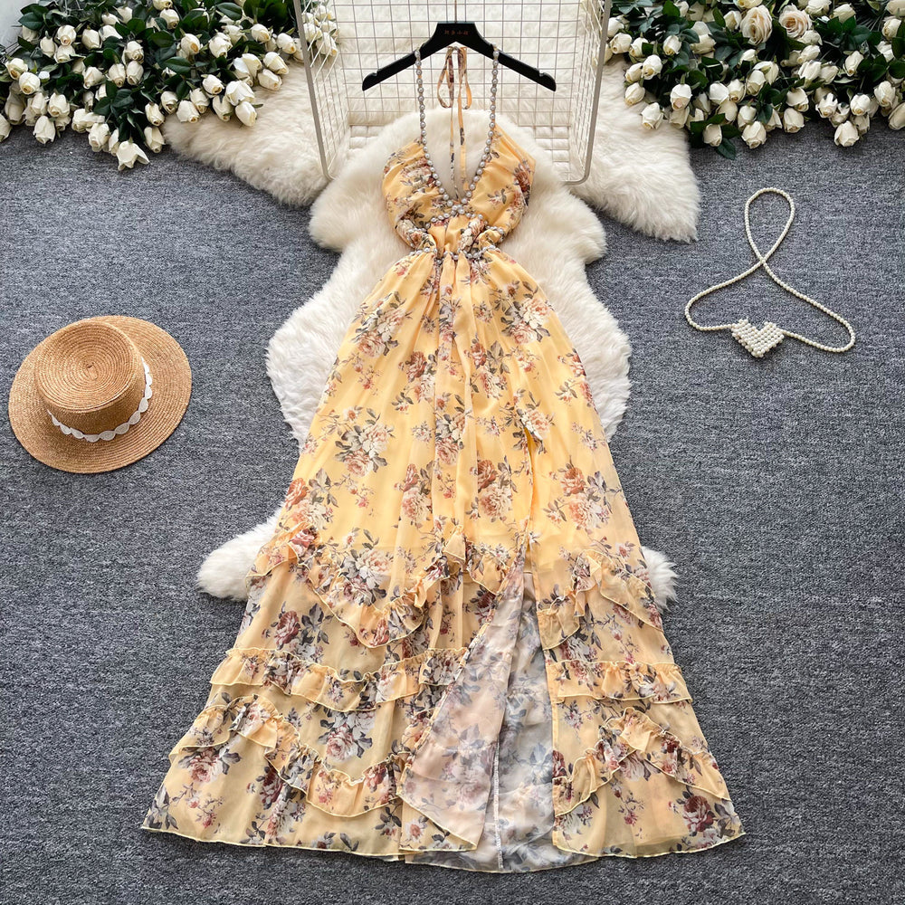 French holiday style v neckhalter floral dress women's summer beaded asymmetrical waist slimming lookruffles long skirt