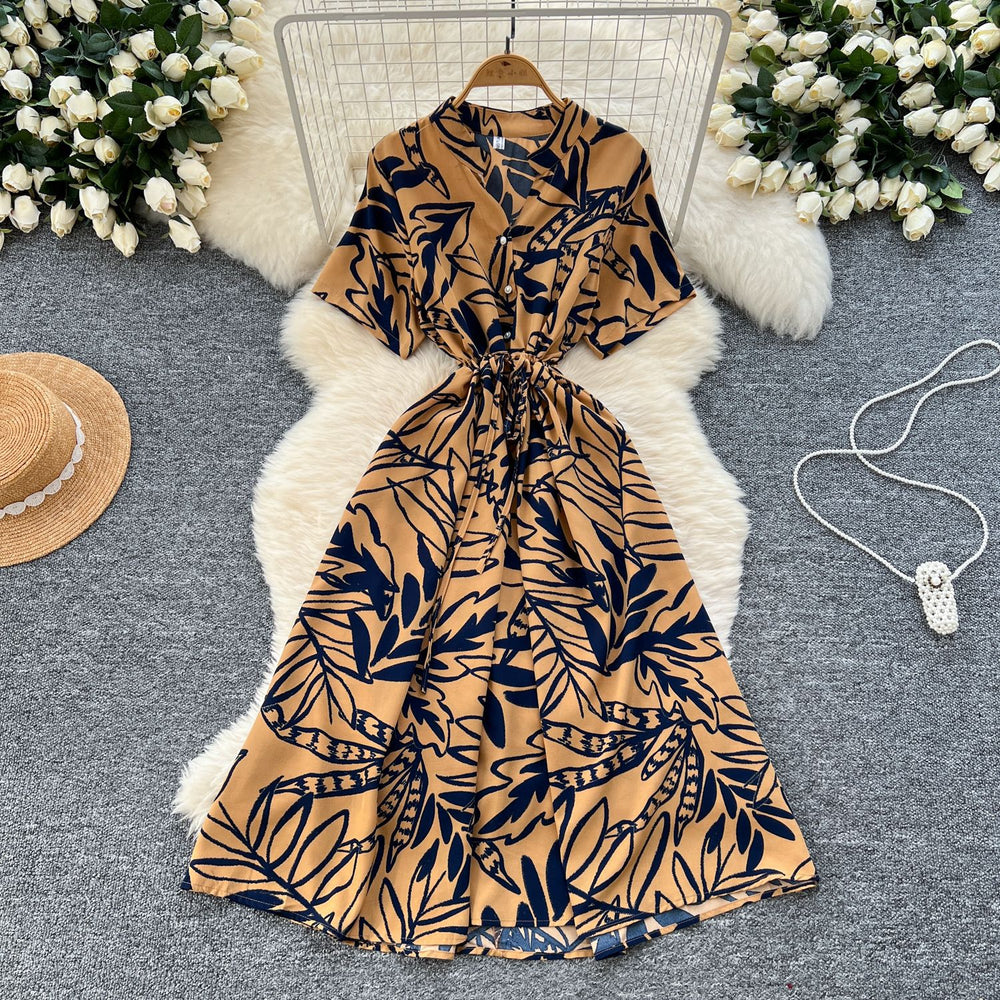 Frenchretrosense of design strappy waist short-sleeved printingdress women's summerslimming lookelegant large swing long skirt