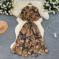 Frenchretrosense of design strappy waist short-sleeved printingdress women's summerslimming lookelegant large swing long skirt