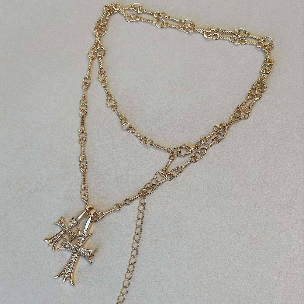 European and american cross-border double cross full diamond pendant necklace niche accessible luxury high-end trendy bamboo clavicle chain accessories